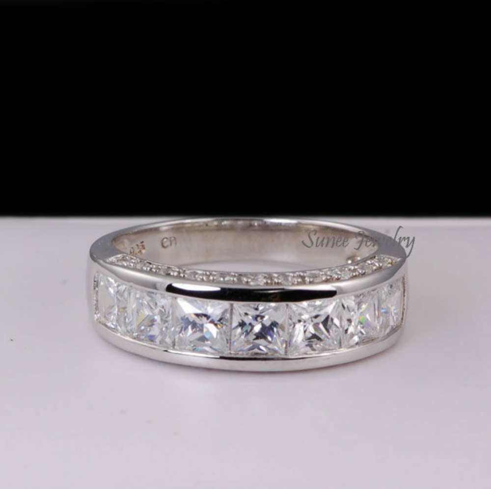 2 Pc NEW 925 MENS WEDDING BAND RING PRINCESS DIAMOND CUT - Picture 2 of 2